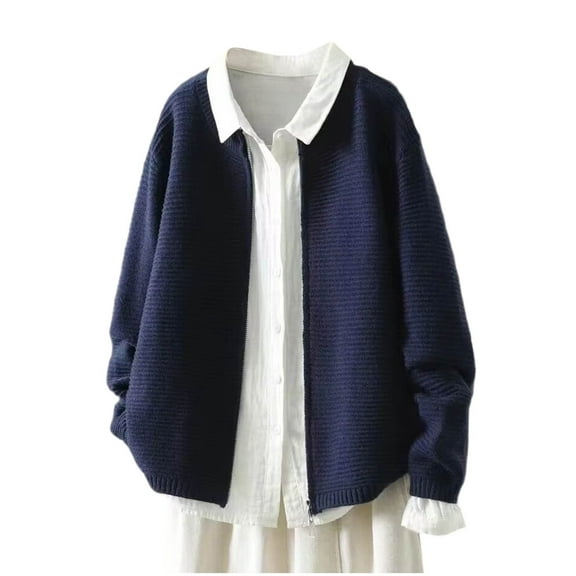 Women's Sweater Coat Long Sleeve Crewneck Zip Up Solid Ribbed Knit Cardigan Navy Free Size