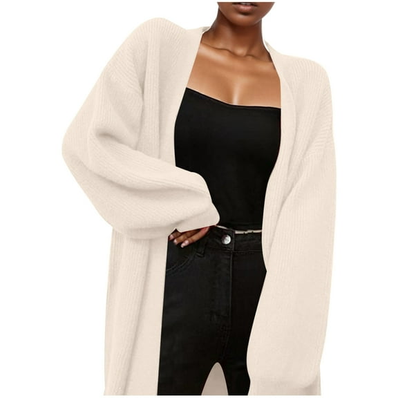 Women's Sweater Coat Mid Length Knitted Cardigan Autumn and Winter Casual Thick Balloon Sleeves Plus Size Cozy Solid Color Jacket