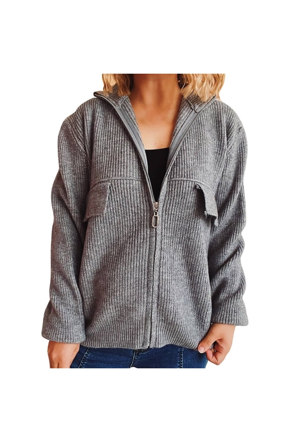 Women's Sweater Coat Zip Up Jacket Solid Color Folding Collar Casual Long Sleeve Knit Cardigan Outerwear Comfortable Stylish