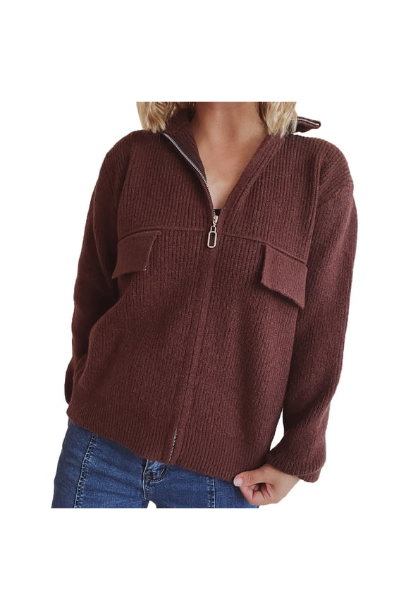 Women's Sweater Coat Zip Up Jacket Solid Color Folding Collar Casual Long Sleeve Knit Cardigan Outerwear Comfortable Warm Stylish