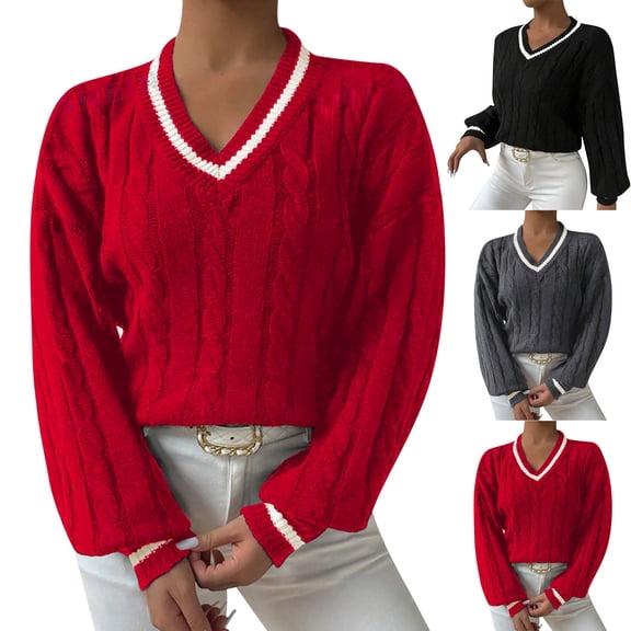 Women's Sweater Color Block V Neck Ribbed Knit Long Sleeve Dressy Casual Fall Knitwear