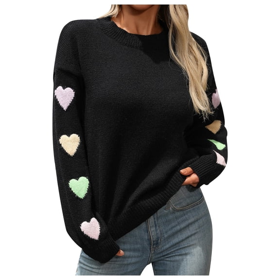 Women's Sweater Colorful Heart Print Long Sleeve Knitted Crew Neck Commute Warm Sweaters