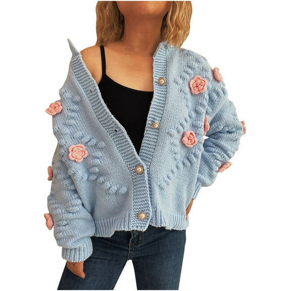 Women's Sweater Crew Neck Floral Button Down Long Sleeve Cable Knit Cardigan Blue L