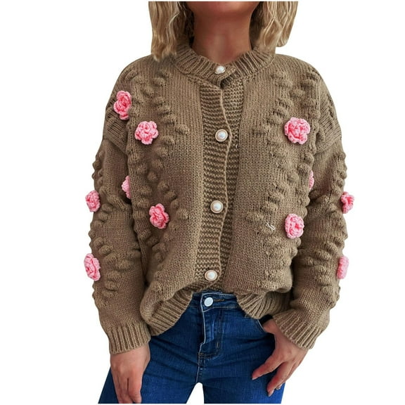 Women's Sweater Crew Neck Floral Button Down Long Sleeve Cable Knit Cardigan Brown L