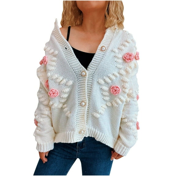 Women's Sweater Crew Neck Floral Button Down Long Sleeve Cable Knit Cardigan White L