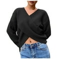 thumbnail image 1 of Women's Sweater Cropped Ruched V Neck Long Sleeve Cropped Knitted Fashion Twist Knot Fall Winter Clothes, 1 of 1