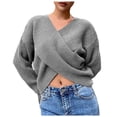 thumbnail image 1 of Women's Sweater Cropped Ruched V Neck Long Sleeve Cropped Knitted Fashion Twist Knot Lightweight Sweaters, 1 of 2
