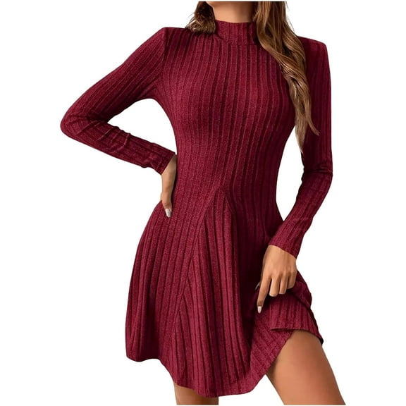 Women's Sweater Dress 2025 Fall Lightweight Long Sleeve Mock Neck A Line Fit and Flare  Knit Short Dresses