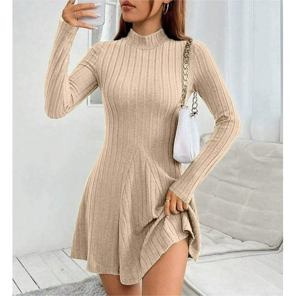 Women's Sweater Dress 2025 Fall Lightweight Long Sleeve Mock Neck A Line Fit and Flare  Knit Short Dresses