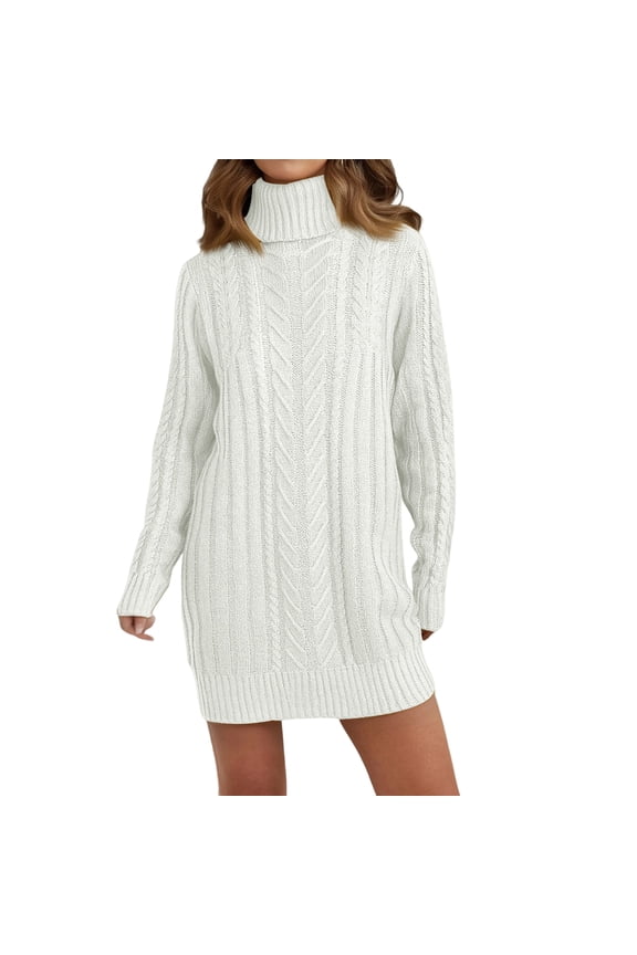 Women's Sweater Dress Autumn Winter New Slim Knit Dress Turtleneck Cable Pattern Long Sleeve Knitted Gown Dress