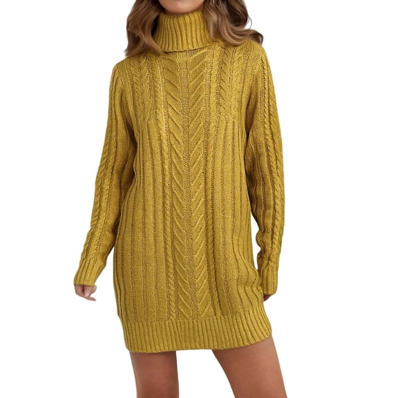 Women's Sweater Dress Autumn Winter New Slim Knit Dress Turtleneck Cable Pattern Long Sleeve Knitted Gown Dress