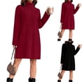 thumbnail image 1 of Women's Sweater Dress Knit Dress High Neck Long Sleeve Ribbed Loose Fit Warm Comfortable Winter Dress for Casual Loungewear,Wine,S, 1 of 7