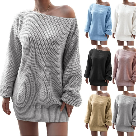 Women's Sweater Dress Knit Dress Long Sleeve Off Shoulder Solid Color Casual Winter Dress for Loungewear,Black,L