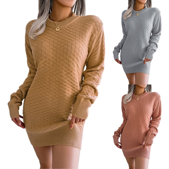 Women's Sweater Dress Knit Dress Long Sleeve Solid Color Plaid Base Layer Casual Winter Dress for Loungewear,Camel,M