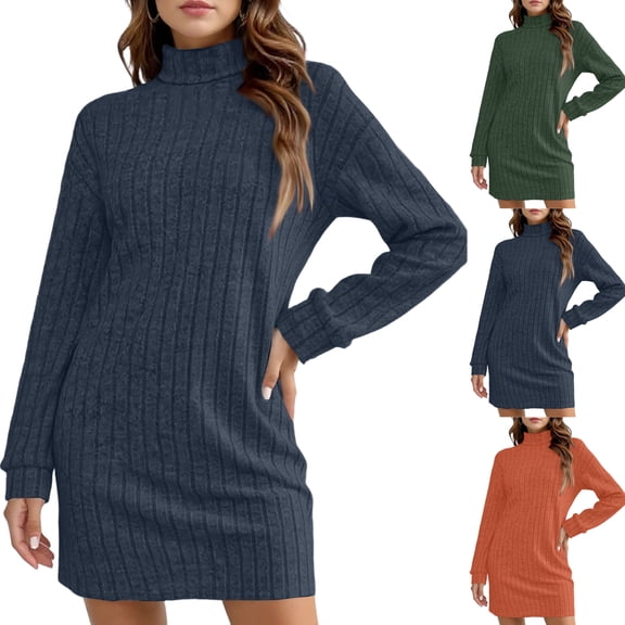 Women's Sweater Dress Knit Dress Long Sleeve Turtleneck Brushed Striped Mid Length Comfortable Dress for Spring Fall,Dark Blue,S