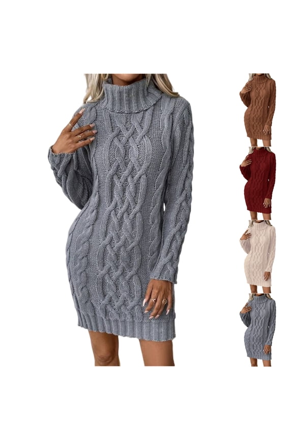 Women's Sweater Dress Knit Dress Long Sleeve Turtleneck Solid Color Cable Knit Casual Winter Dress for Holiday,Beige,L