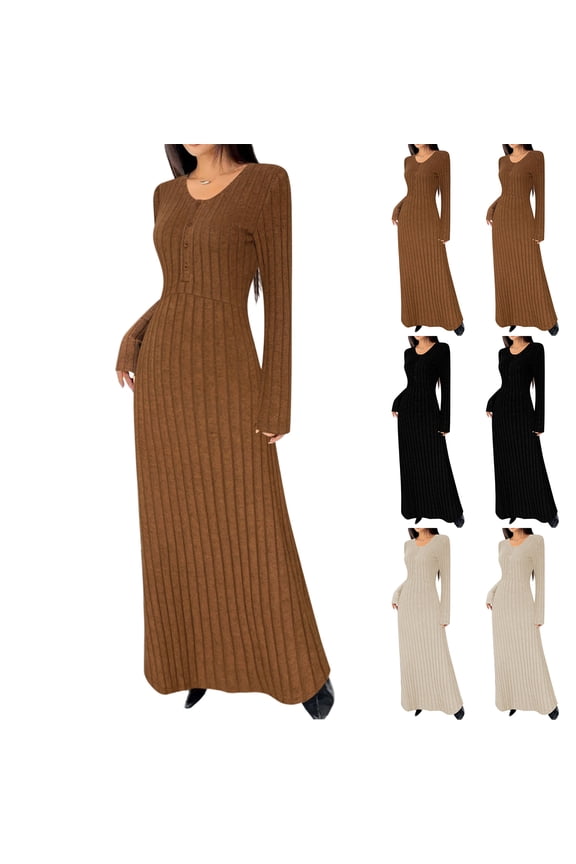 Women's Sweater Dress Knit Dress V-Neck Long Sleeve Single Breasted Button Elegant Maxi Dress for Spring Fall Casual,Black,S