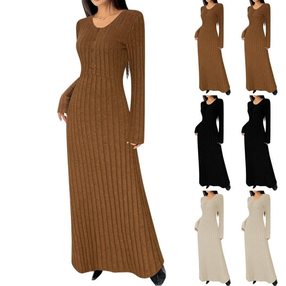 Women's Sweater Dress Knit Dress V-Neck Long Sleeve Single Breasted Button Elegant Maxi Dress for Spring Fall Casual,Black,XL