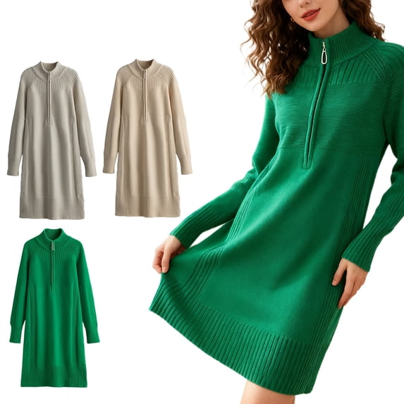 Women's Sweater Dress Knit Dress Winter Midi Length Mock Neck with Zip Front Closure Chunky Thermal Wool Dress for Casual Outing Winter Holiday,White,One Size