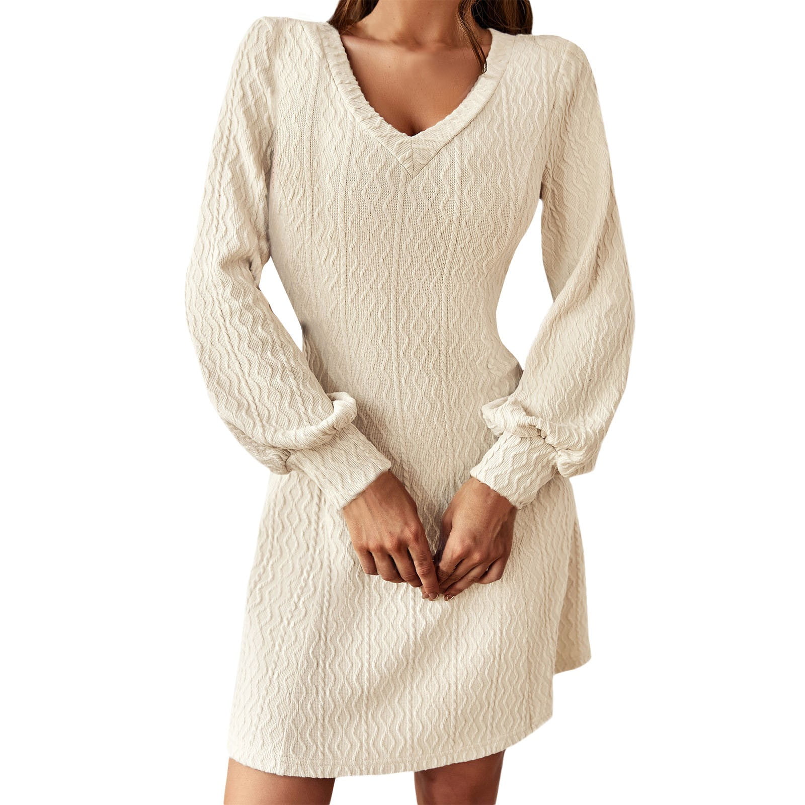 Women s Sweater Dress Knit Long Pullovers V Neck Tops Low Cut Collar Tops Solid Color Midi Dresses Long Sleeve Knit Sweaters
