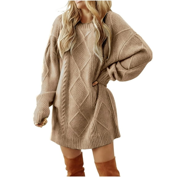 Women's Sweater Dress Long Sleeve Crew Neck Pullover Tops Cable Knit Sweater Mini Dress Oversized Fall Winter Outfits Khaki M
