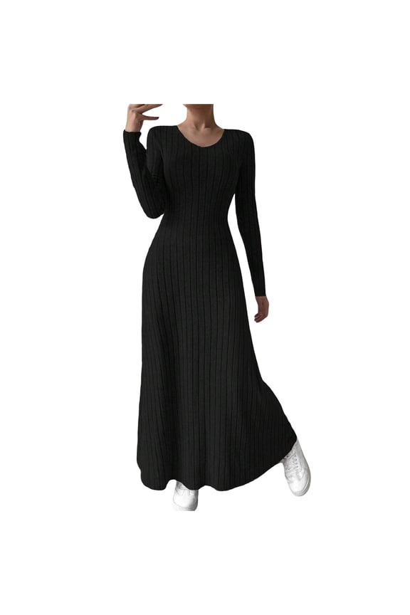 Women's Sweater Dresses 2025 Casual Crew Neck Long Sleeve Loose Fit Pleated T Shirt Fall Swing Maxi Dresses
