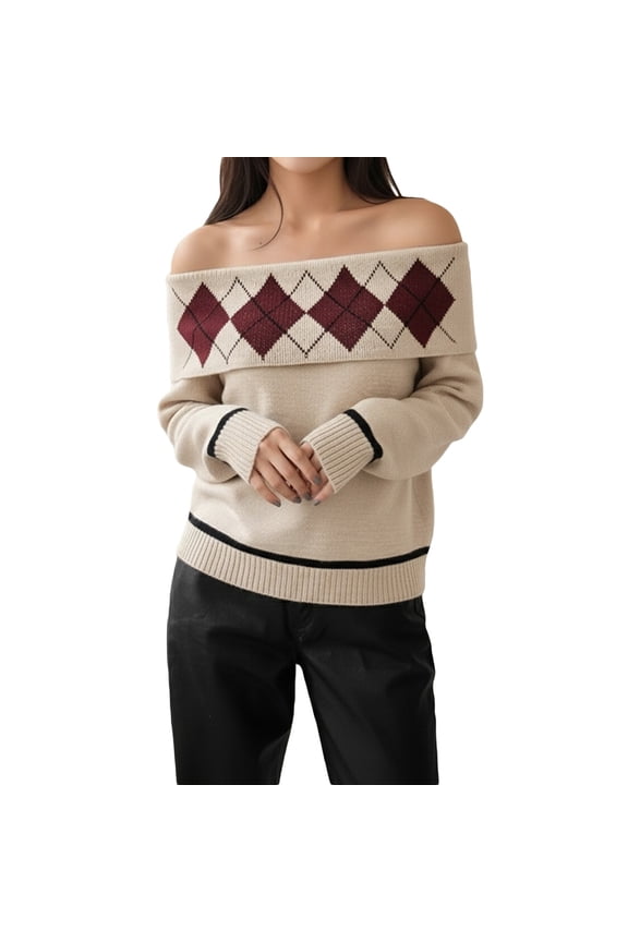 Women's Sweater Elegant Jacquard Off Shoulder Slouchy Knitted Long Sleeve Pullover Tops Khaki