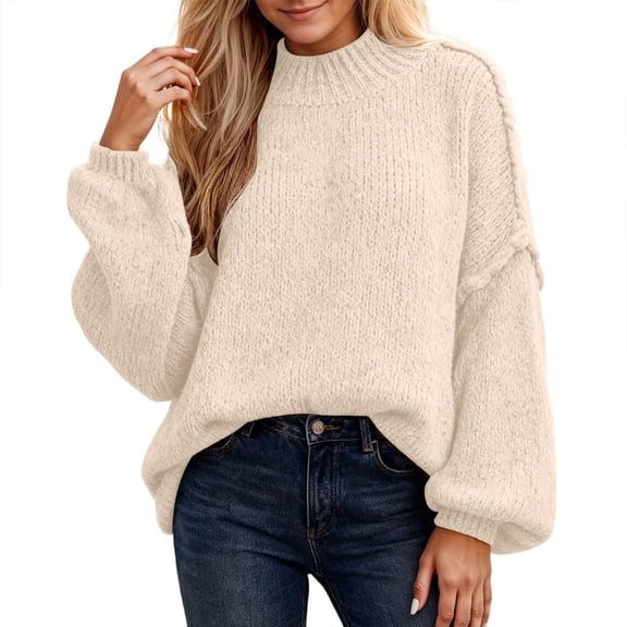 Women's Sweater Elegant Long Lantern Sleeve Knitted Neck Warm Winter Sweaters White