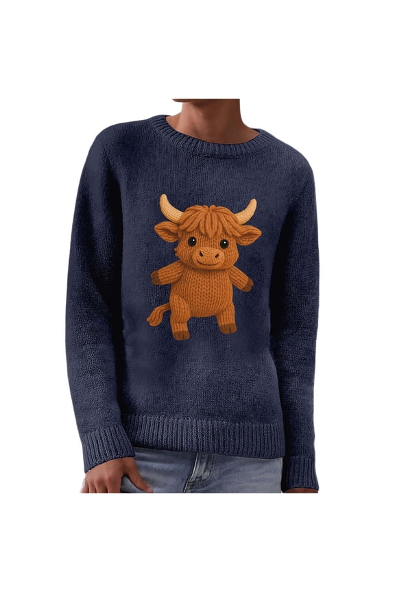 Women's Sweater Fall 2026 Knit Cute Cartoon Cow Graphic Long Sleeve Crew Neck Fall Sweaters Navy