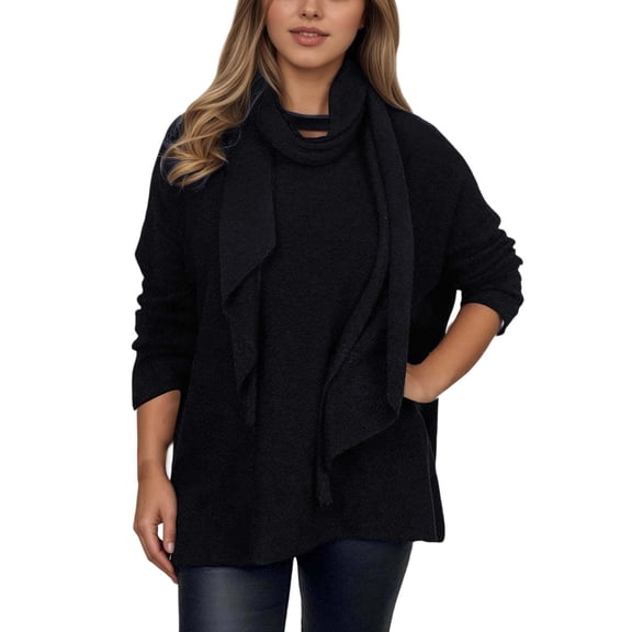 Women's Sweater Fall 2026 Solid Elegant Scarf Turtleneck Long Sleeve Knitted Fall Knitwear Black