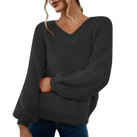 Women's Sweater Fuzzy Knit Solid Warm Knit Long Sleeve Crewneck Loose Slim Lightweight Sweaters