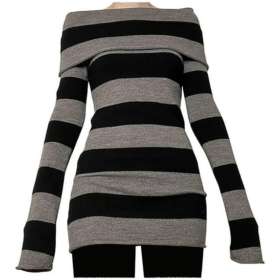 Women's Sweater Gothic Striped Off Shoulder Y2k Long Sleeve Knitted Bodycon Mini Dress Fall Knitwear