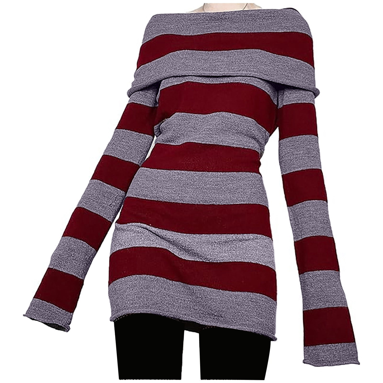 off shoulder long sleeve striped knit mini dress Women's Sweater Gothic Y2k Knitted Bodycon Winter Sweaters Formal dress