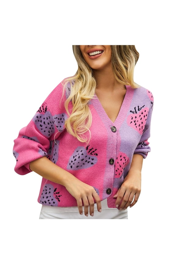 Women's Sweater Graphic Pattern V Neck Puff Long Sleeve Button Down Knit Cardigan Hot Pink L