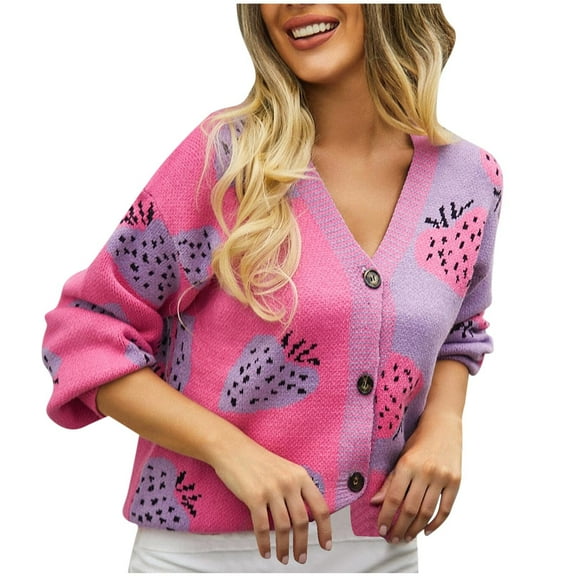 Women's Sweater Graphic Pattern V Neck Puff Long Sleeve Button Down Knit Cardigan Hot Pink M