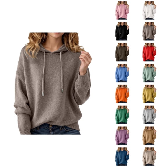 Women's Sweater Hoodie 2025 Fall Winter Long Sleeve Casual Knit Solid Color Hooded Sweatshirt Pullover Top