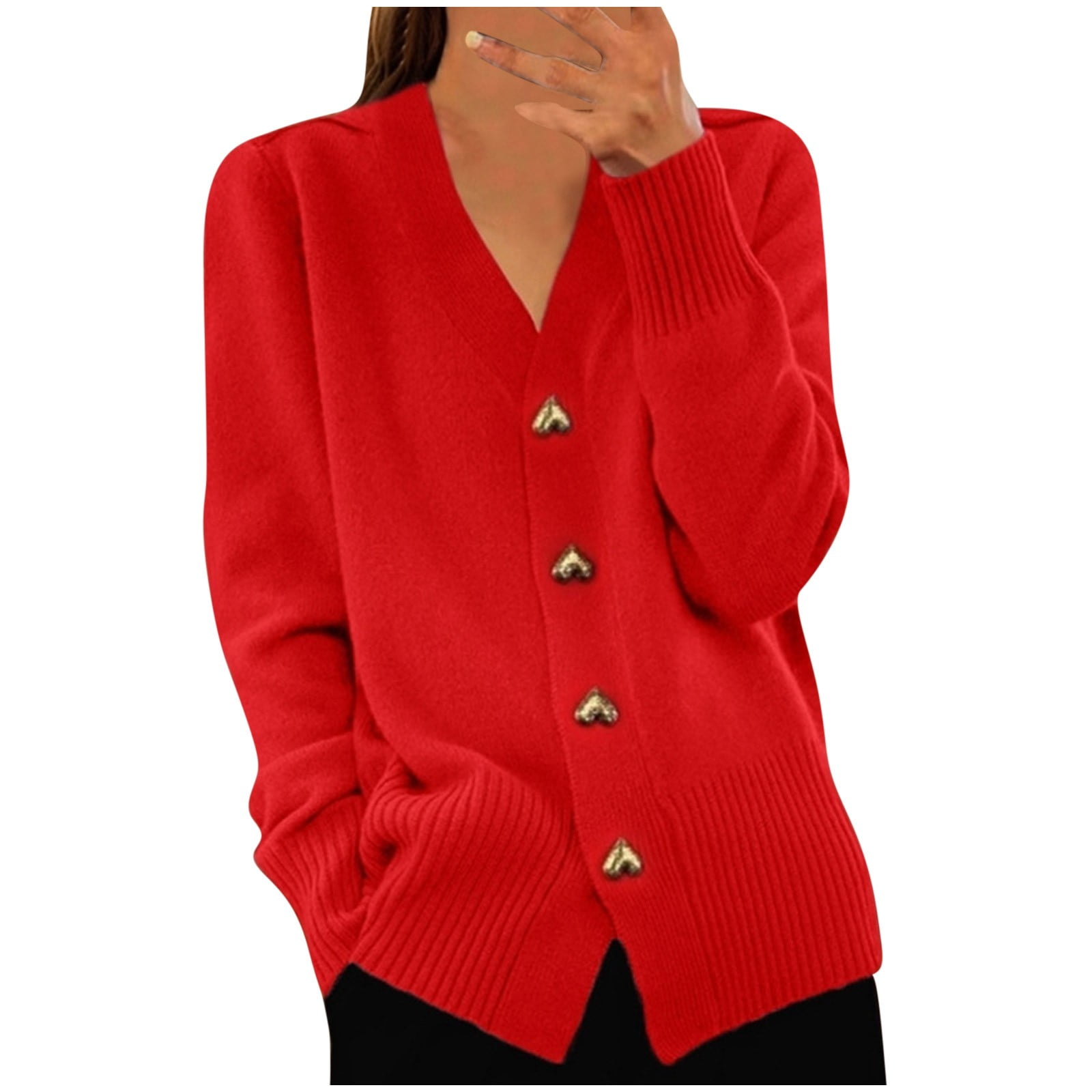 Women's Sweater Jackets V Neck Heart Button Down Knitted Caedigan Casual Comfortable Stylish Spring Fall Outwear (M, Red)