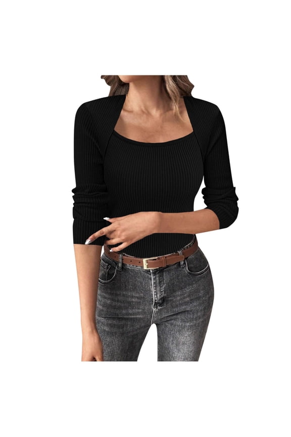 Women's Sweater Knitted Square Neck Long Sleeve Solid Casual Pullover Slim Fit Fashion Sweaters Tops (L, Black)
