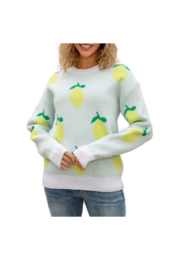 Women's Sweater Lemon Fruit Print Knitted Long Sleeve Crew Neck Casual Pullover Tops