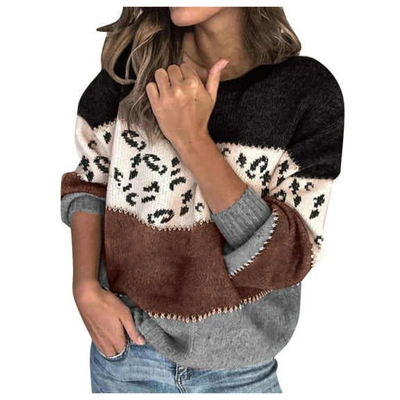 Women's Sweater Leopard Print Color Block Long Sleeve Patchwork Warm Knitted Trendy Clothes 2025