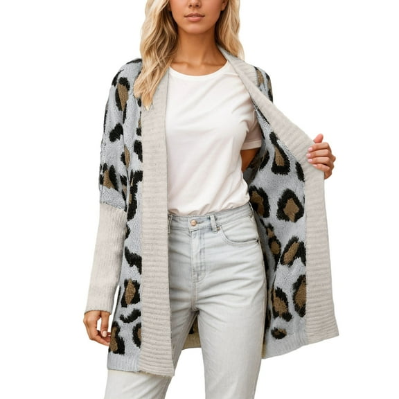 Women's Sweater Leopard Print Open Front Mid-Length Knitted Cardigan Casual Winter Sweaters