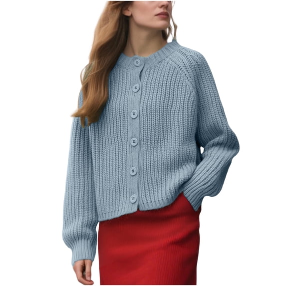 Women's Sweater Long Sleeve Crewneck Button Down Solid Chunky Knit Cardigan Outwear Light Blue M