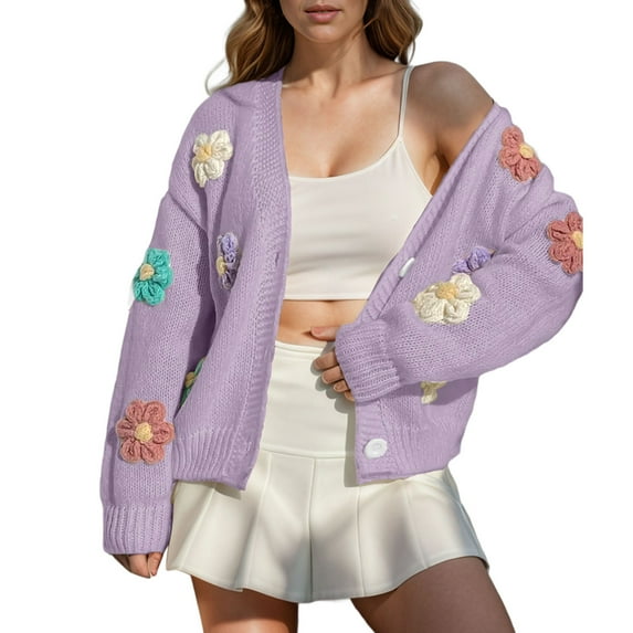 Women's Sweater Long Sleeve Floral Cable Knit Button Down Cardigan Top Purple M