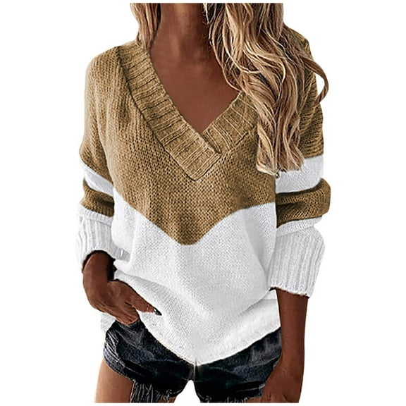 Women's Sweater Long Sleeve V Neck Color Block Thin Cable Knit Pullover Top Khaki M