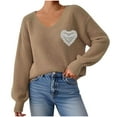 thumbnail image 1 of Women's Sweater Long Sleeve V Neck Heart Print Solid Chunky Knit Pullover Top Khaki L, 1 of 7