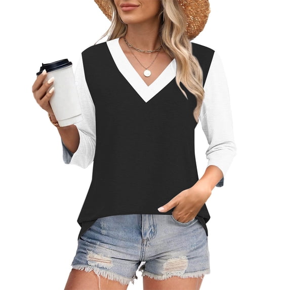 Women's Sweater Loose Lapel Knitted Plus Size 3/4 Length Sleeve Fall Fashion Trendy Casual Peplum Going Out Tops Striped Contrasting Pullover Sweater Autumn and Winter Sweater