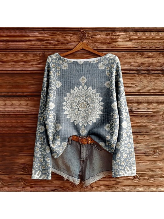 Women's Sweater Mandala Floral Print Bohemian Boat Neck Long Sleeve Fall Pullover S