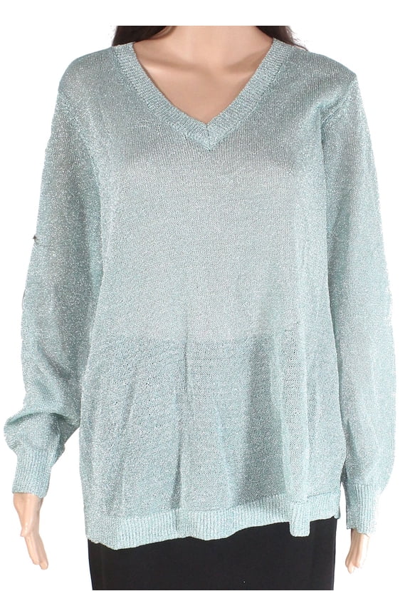 Women's Sweater Mint Plus V-Neck Pullover Metallic 1X