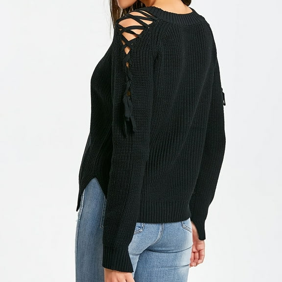 Women's Sweater Off Shoulder Lace Up Long Sleeve V Neck Pullover Tops Black M