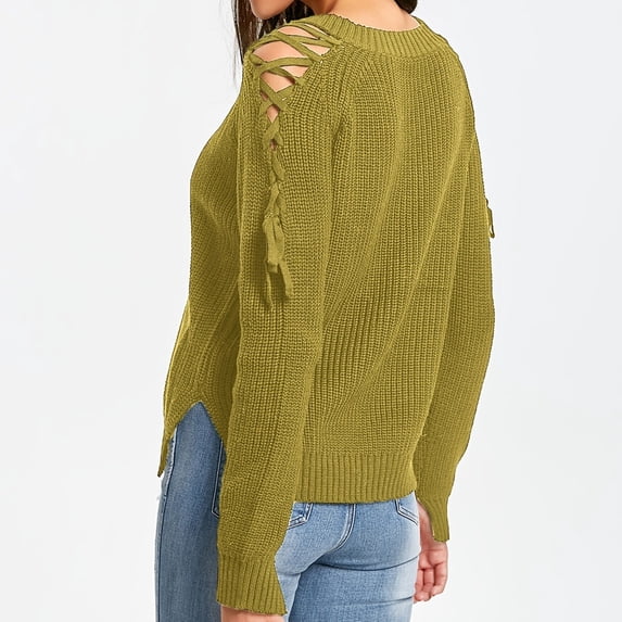 Women's Sweater Off Shoulder Lace Up Long Sleeve V Neck Pullover Tops Green L